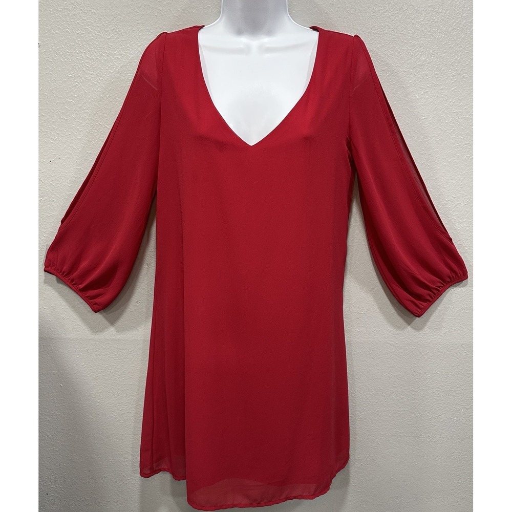 Shy Velvet Mini Dress Women's Size Medium Red V Neck Long Sleeve Cutout Shoulder